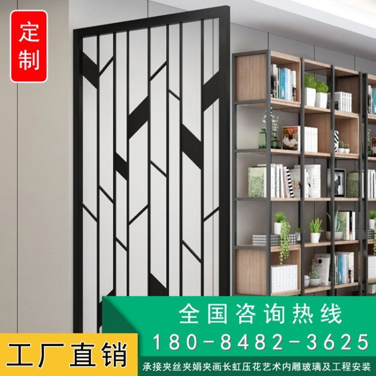 双层夹丝夹娟玻璃隔断酒店屏风山水画背景墙长虹工艺术玻璃定制